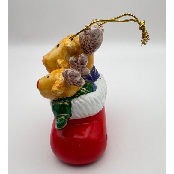 Vintage Reindeer in Stocking Christmas Tree Ornament Hand Painted Ceramic - Picture 5 of 7